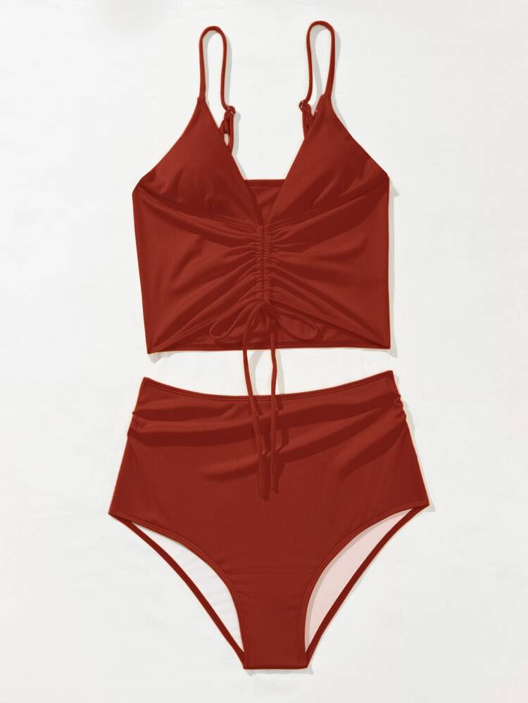 Bikini taille haute avec cordon de serrage sur le devant, style côtelé, pour l'été et la plage - Acajou - Voir 4