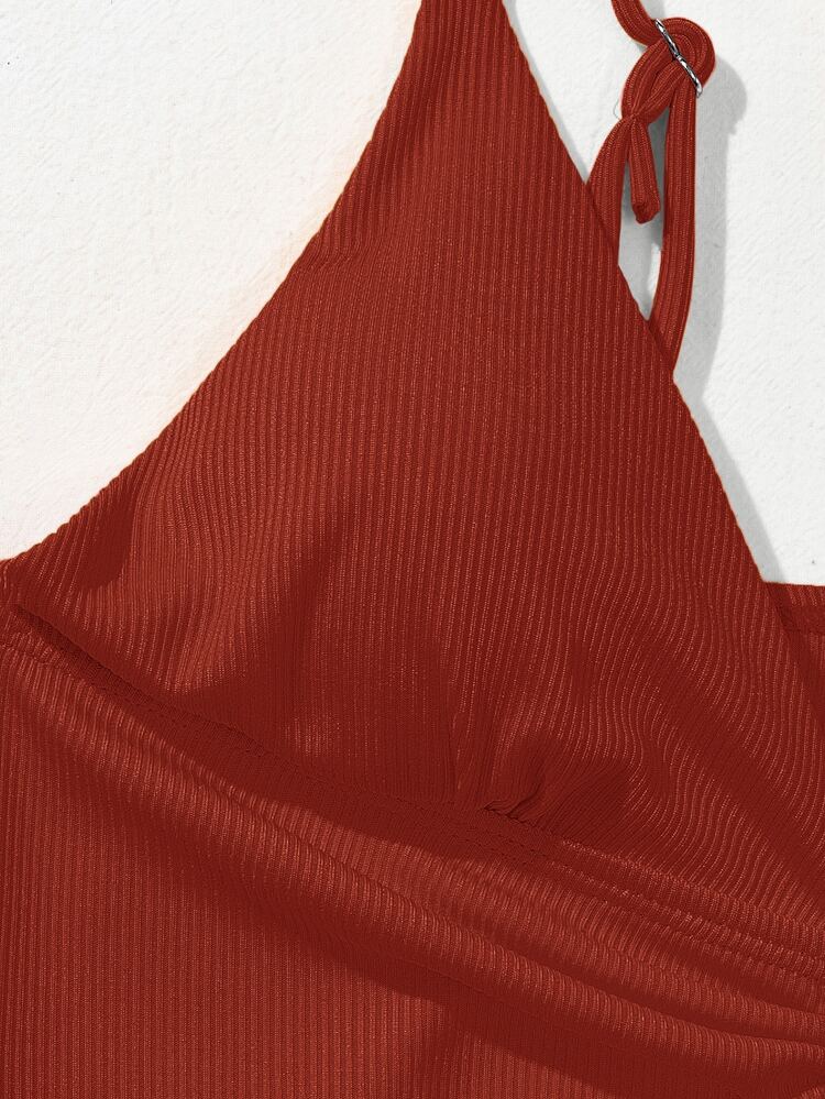 Bikini taille haute avec cordon de serrage sur le devant, style côtelé, pour l'été et la plage - Acajou - Voir 5