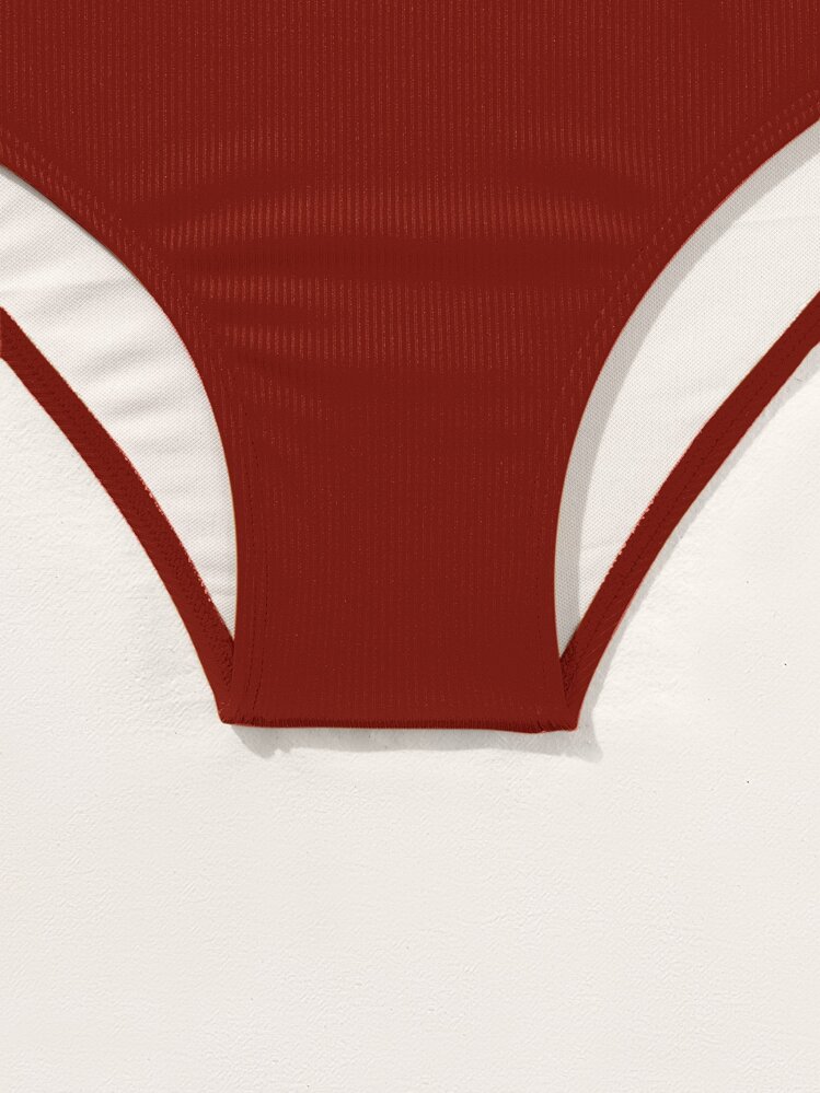 Bikini taille haute avec cordon de serrage sur le devant, style côtelé, pour l'été et la plage - Acajou - Voir 7