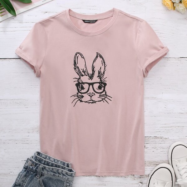 

1pc Rabbit Graphic Short Sleeve Tee, Dusty pink