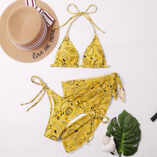 

3pack Paisley Print Triangle Bikini Swimsuit & Beach Skirt, Yellow