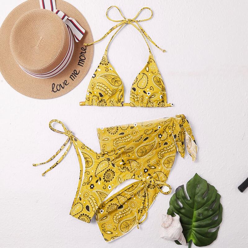 

3pack Paisley Print Triangle Bikini Swimsuit & Beach Skirt, Yellow