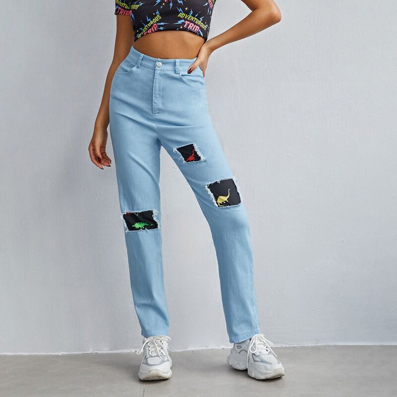 

Dinosaur Print Raw Trim Jeans, Light wash
