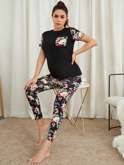 SHEIN Maternity Floral Print Patch Pocket Top & Pants PJ Set