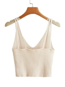 SHEIN Unity 素色羅紋針織上衣 - 米色 - 查看 2