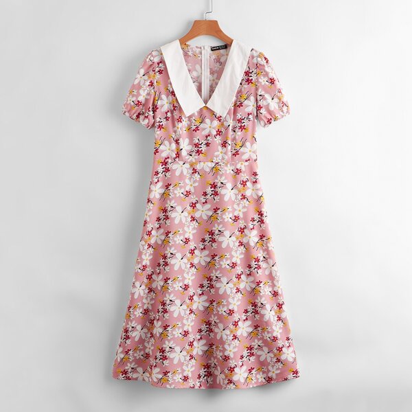 

Floral Puff Sleeve Dress, Pink