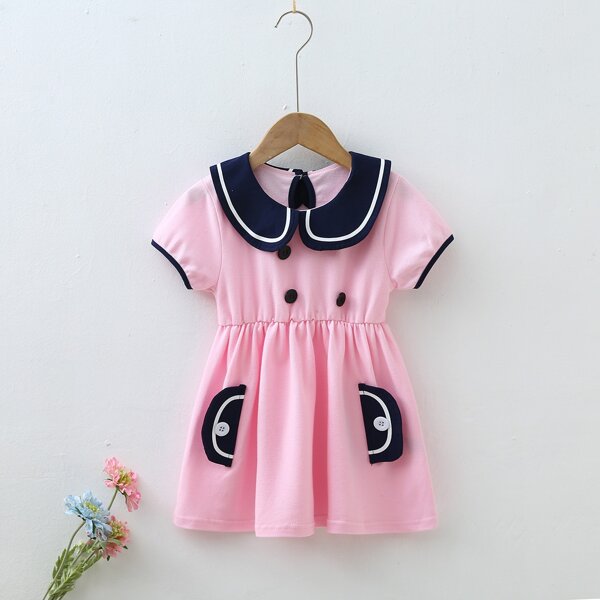 

Toddler Girls Contrast Collar Double Button Smock Dress, Baby pink