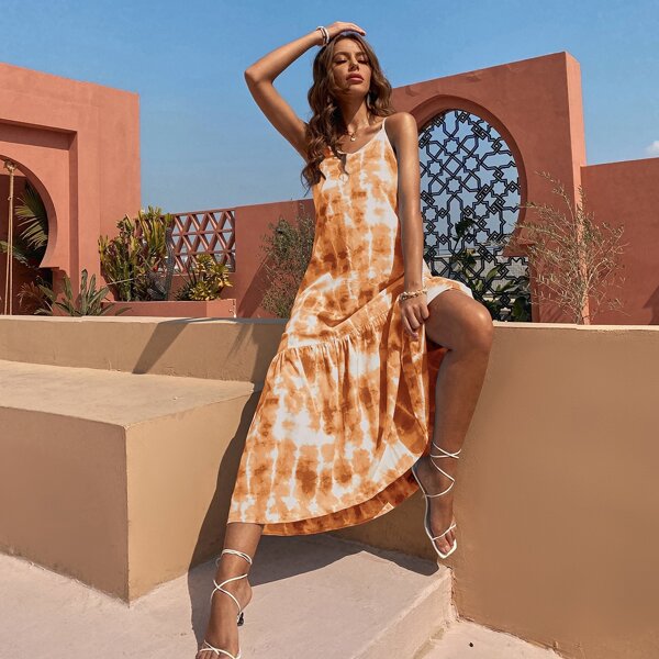 

Tie Dye Ruffle Hem Cami Dress, Mustard yellow
