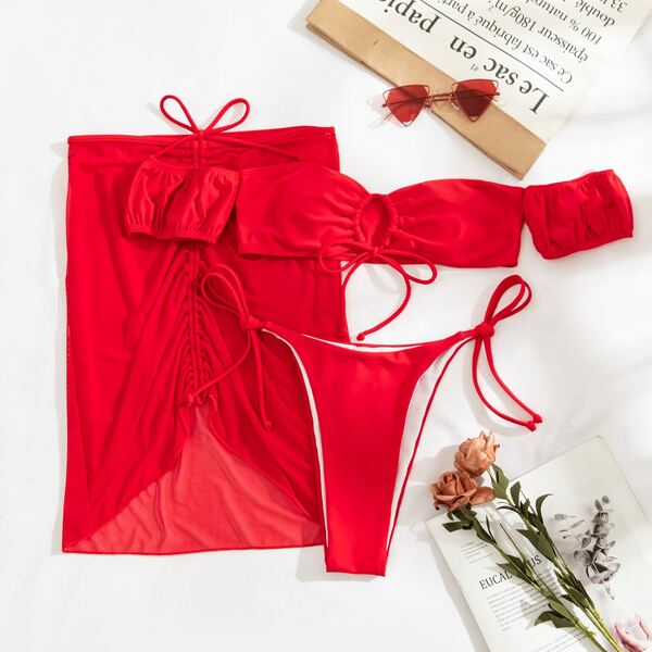 

3pack Drawstring Decor Off-the-shoulder Bikini Swimsuit, Red