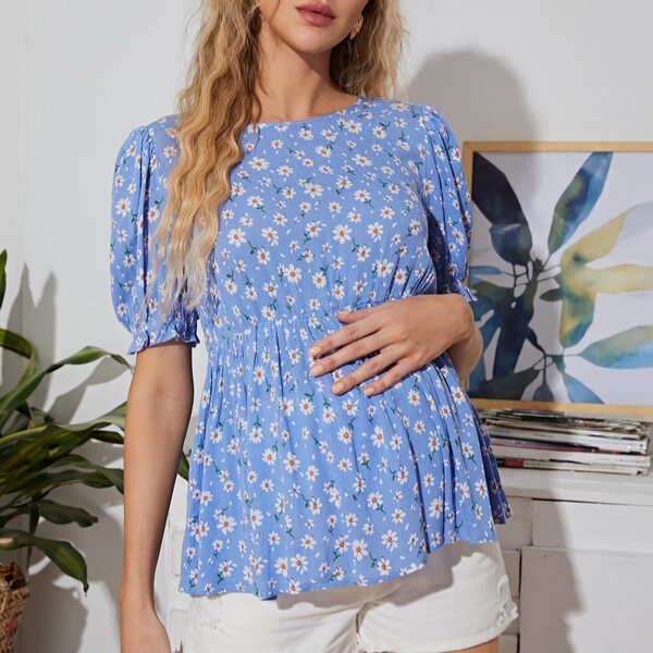 

Maternity Puff Sleeve Floral Print Peplum Top, Multicolor