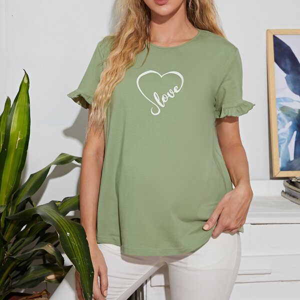 

Maternity Heart Print Flounce Sleeve Tee, Mint green