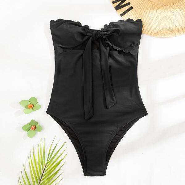 

Knot Front Scallop Bandeau One Piece Swimsuit, Black