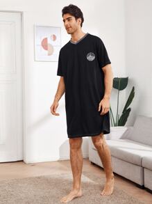 Men Graphic Print V Neck Nightshirt - Black - View 1