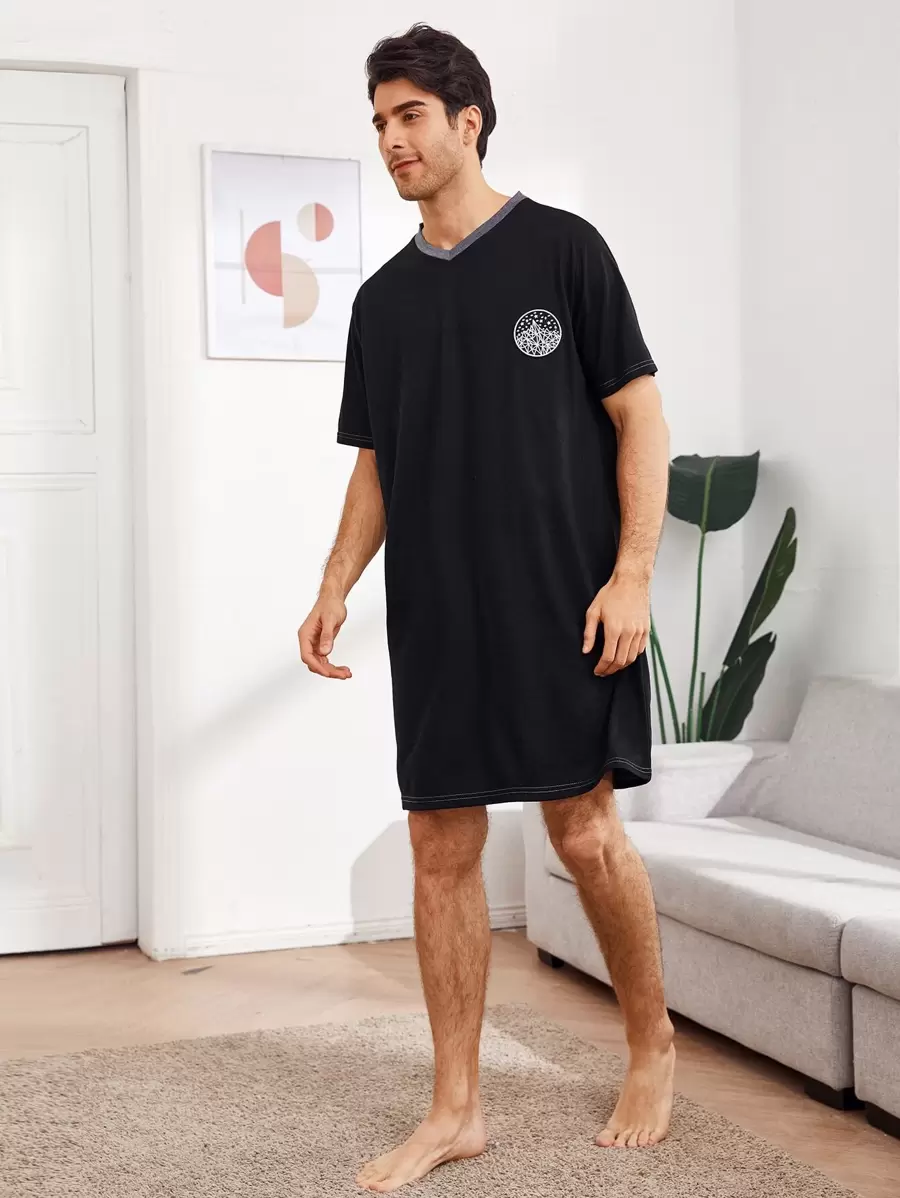 Men Graphic Print V Neck Nightshirt - Black - View 1