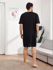 Men Graphic Print V Neck Nightshirt - Black - View 2