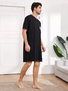 Men Graphic Print V Neck Nightshirt - Black - View 3