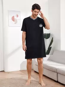 Men Graphic Print V Neck Nightshirt - Black - View 5