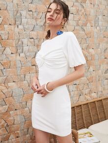 SHEIN Privé 前扭結燈籠袖包臀連衣裙 - 白色 - 查看 4