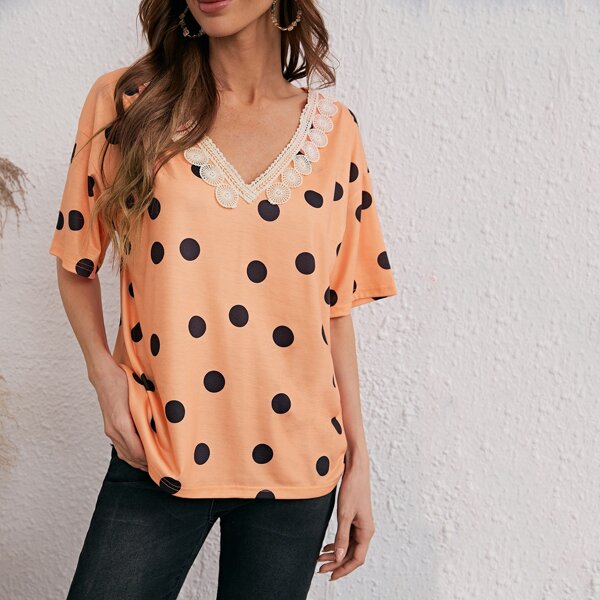 

Polka Dot Drop Shoulder Tee, Coral orange