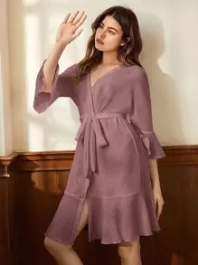 1入組荷葉邊袖腰帶家居睡袍 - 淡紫色 - 查看 1