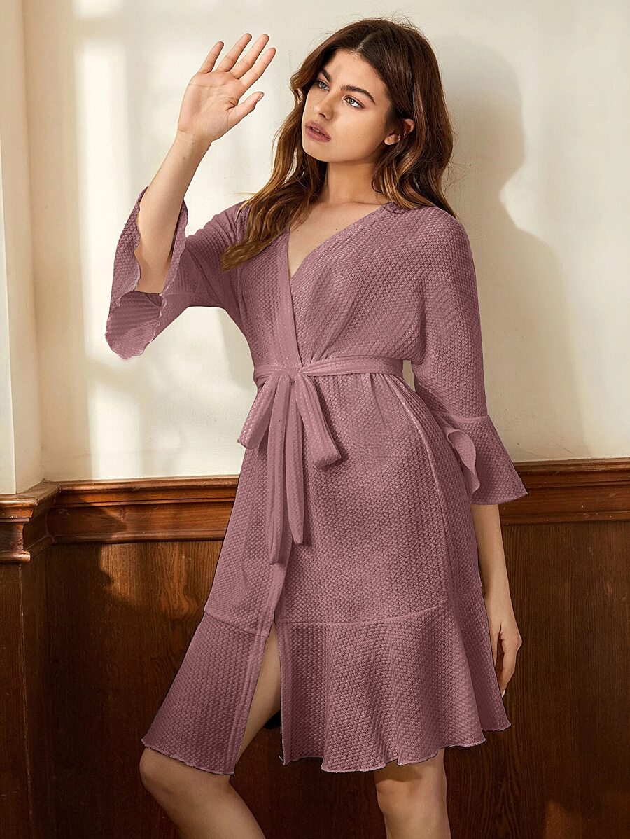 1入組荷葉邊袖腰帶家居睡袍 - 淡紫色 - 查看 1