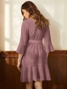 1入組荷葉邊袖腰帶家居睡袍 - 淡紫色 - 查看 2