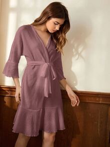 1入組荷葉邊袖腰帶家居睡袍 - 淡紫色 - 查看 3