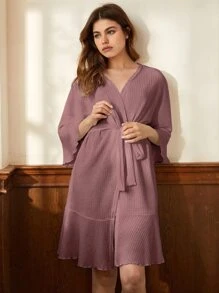 1入組荷葉邊袖腰帶家居睡袍 - 淡紫色 - 查看 4