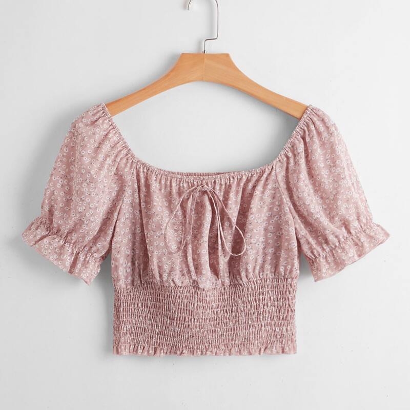 

Ditsy Floral Shirred Crop Top, Dusty pink