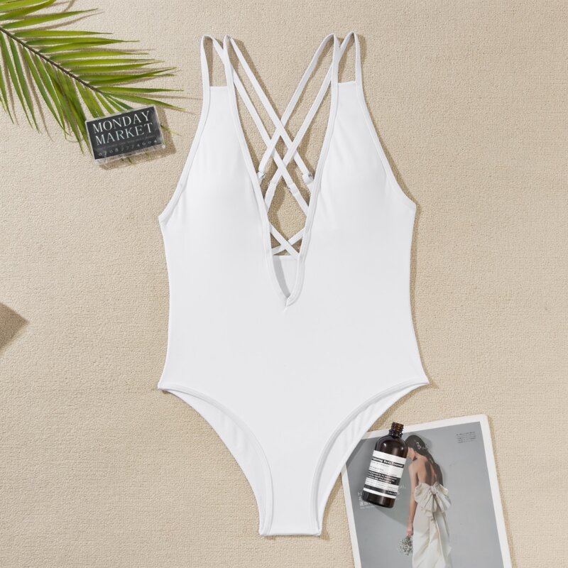 

Criss Cross Plunging One Piece Swimsuit, White