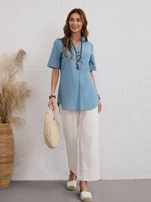 EMERY ROSE Áo sơ mi Nút màu trơn Giải trí - Màu xanh bụi bặm - Xem 3