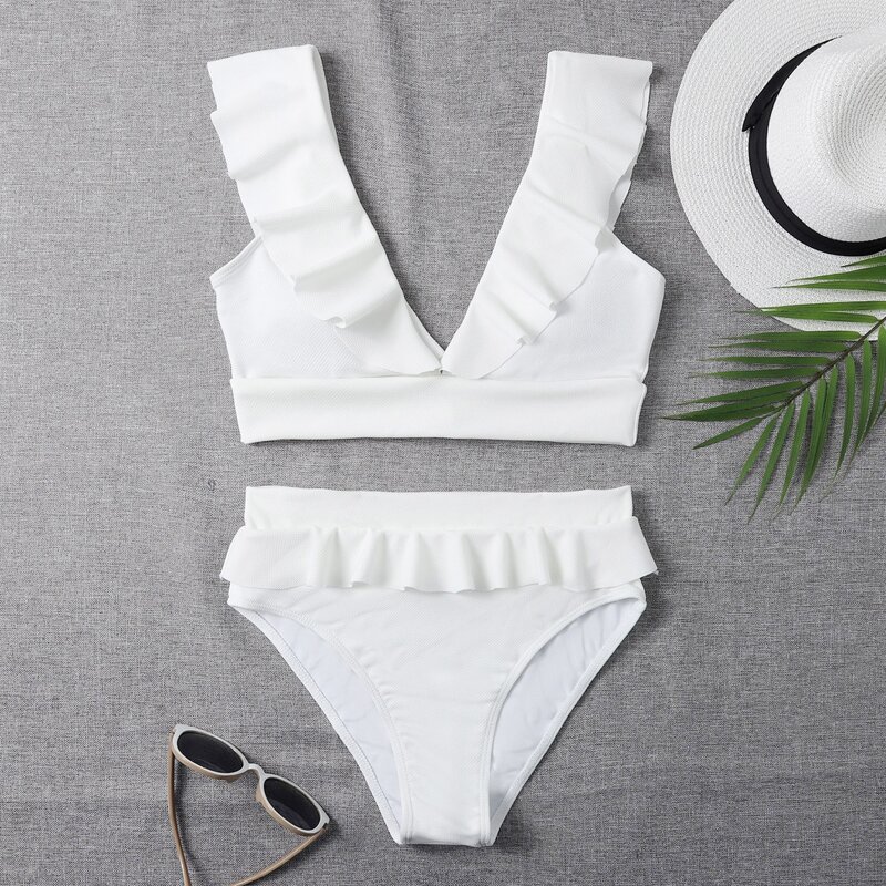 

Ruffle High Waist Bikini Swimsuit, White