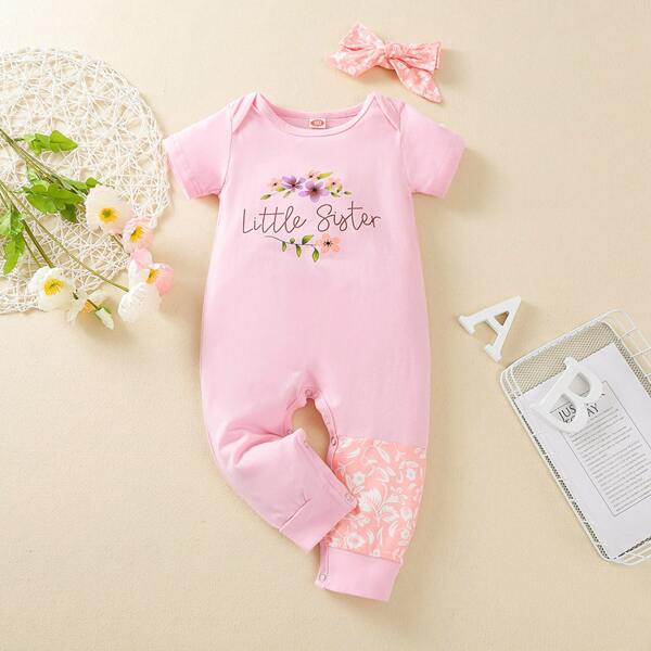 

Baby Girl Floral & Letter Graphic Tee Jumpsuit With Headband, Baby pink