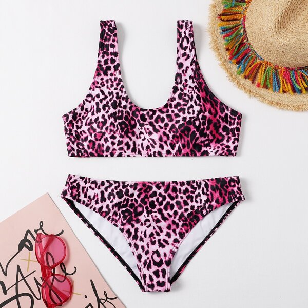 

Leopard Scoop Neck Bikini Swimsuit, Multicolor
