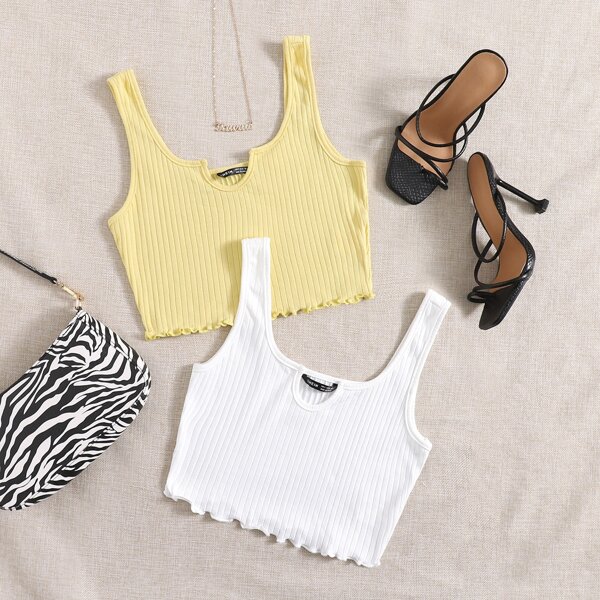 

2 Pack Notched Neck Rib-knit Tank Top, Multicolor