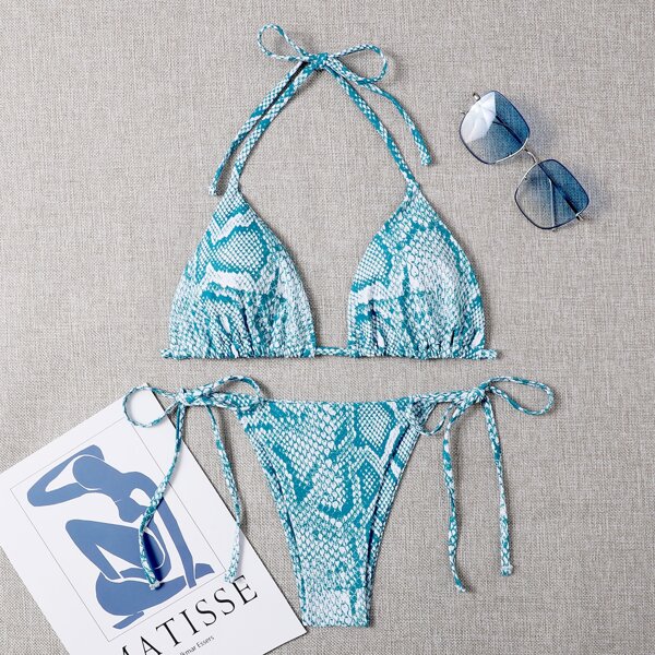 

Snakeskin Triangle Tie Side Bikini Swimsuit, Blue and white