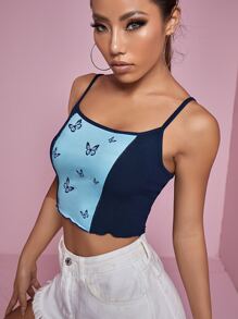 SHEIN Qutie Top de tirantes ribete en forma de lechuga con estampado de mariposa - Azul - Ver 5