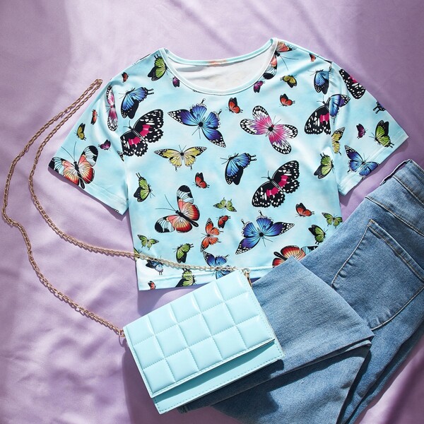 

Butterfly Print Crop Tee, Multicolor