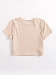 SHEIN EZwear Áo thun Gân đan Lá thư Giải trí - Màu be - Xem 2