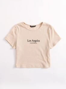 SHEIN EZwear Áo thun Gân đan Lá thư Giải trí - Màu be - Xem 3