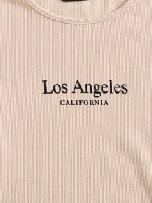 SHEIN EZwear Áo thun Gân đan Lá thư Giải trí - Màu be - Xem 5