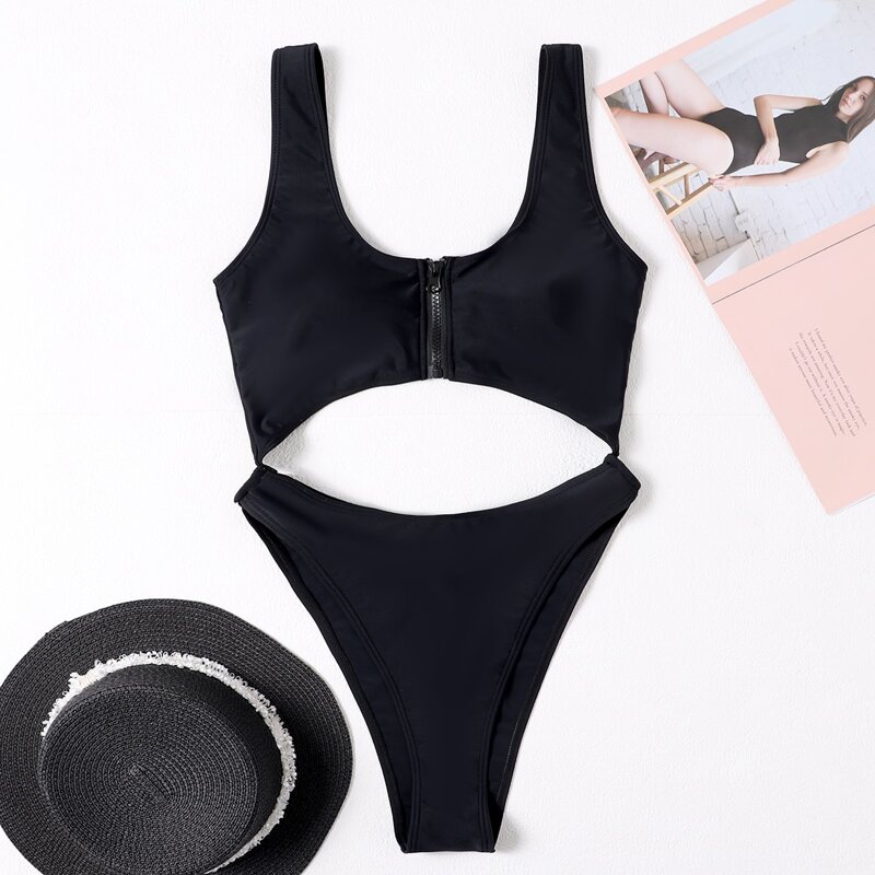 

Cut Out Zip-up One Piece Swimsuit, Black