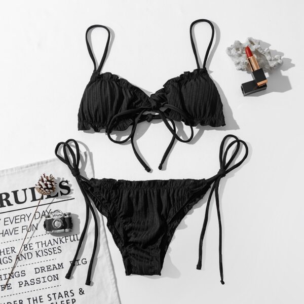 

Ruched Frill Trim Tie Side Bikini Swimsuit, Black