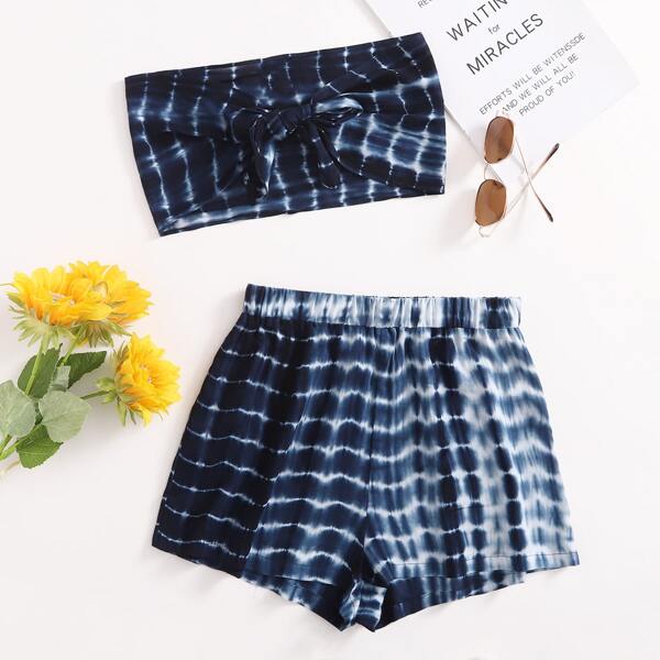 

Knot Front Tube Top & Tie Dye Shorts Set, Navy blue