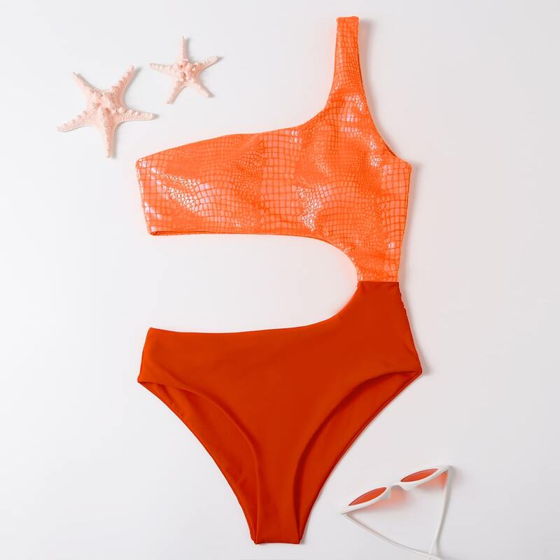

Two Tone Cut-out One Shoulder One Piece Swimsuit, Orange