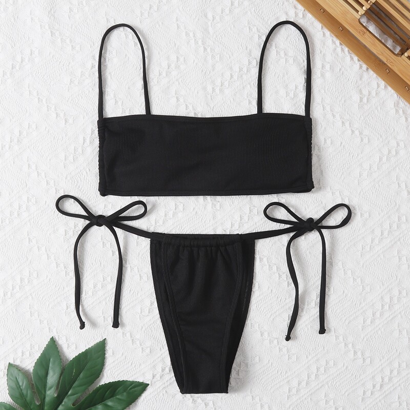 

Rib Thong Bikini Swimsuit, Black