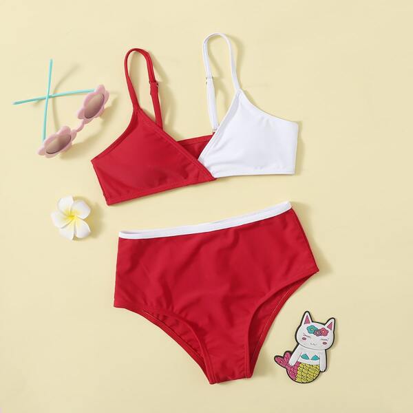 

Girls Colorblock High Waisted Bikini Swimsuit, Red and white