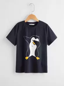 SHEIN Boys Penguin Print Tee - Navy Blue - View 1
