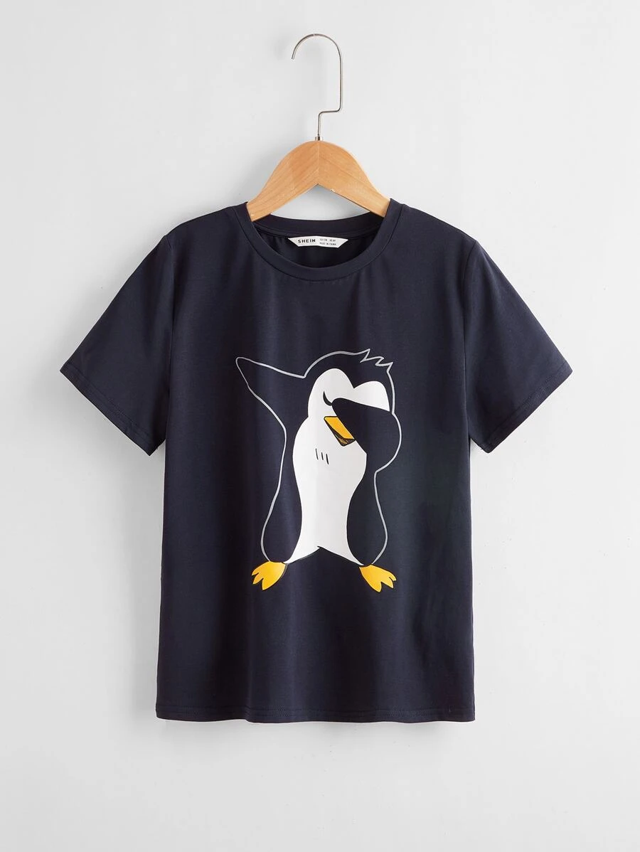 SHEIN Boys Penguin Print Tee - Navy Blue - View 1