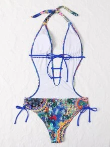 Geo & Animal Print Plunging One Piece Swimsuit, For Summer Beach Vacation - Multicolor - View 2